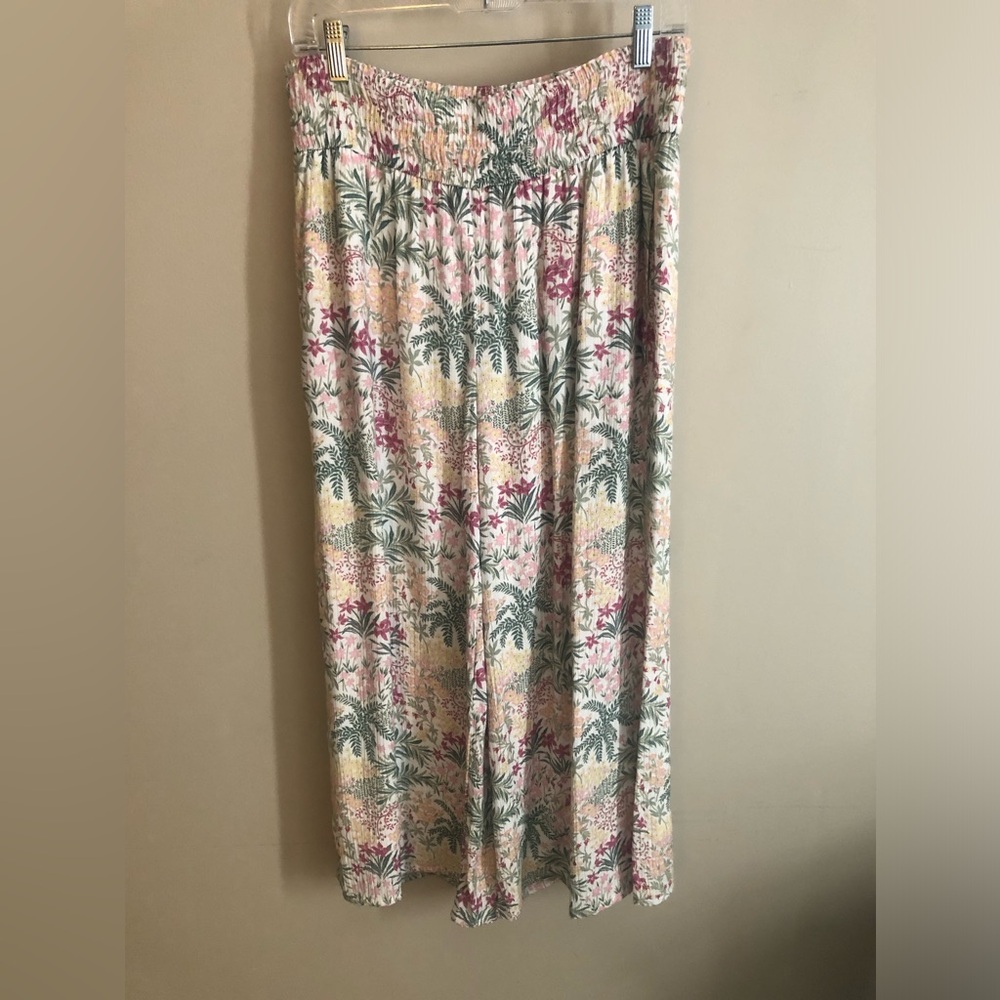 Tropical palm print wide leg pants